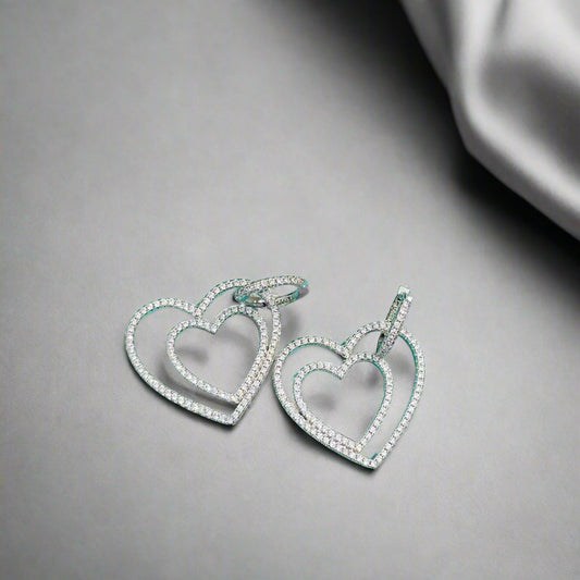 18K T Double Heart Diamond Earrings